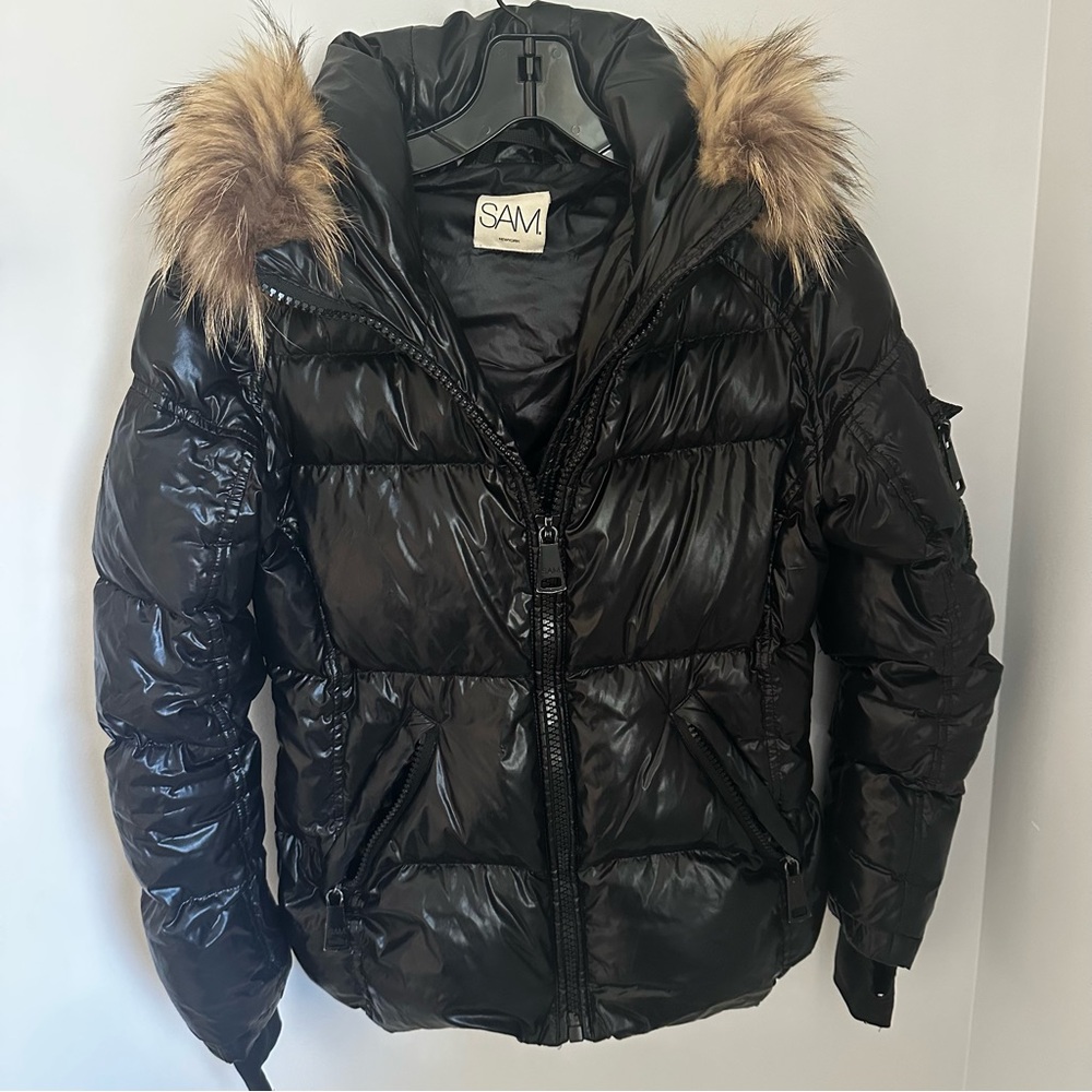 SAM. Black Puffer Jacket with Real Fur Trim - Picture 2 of 6